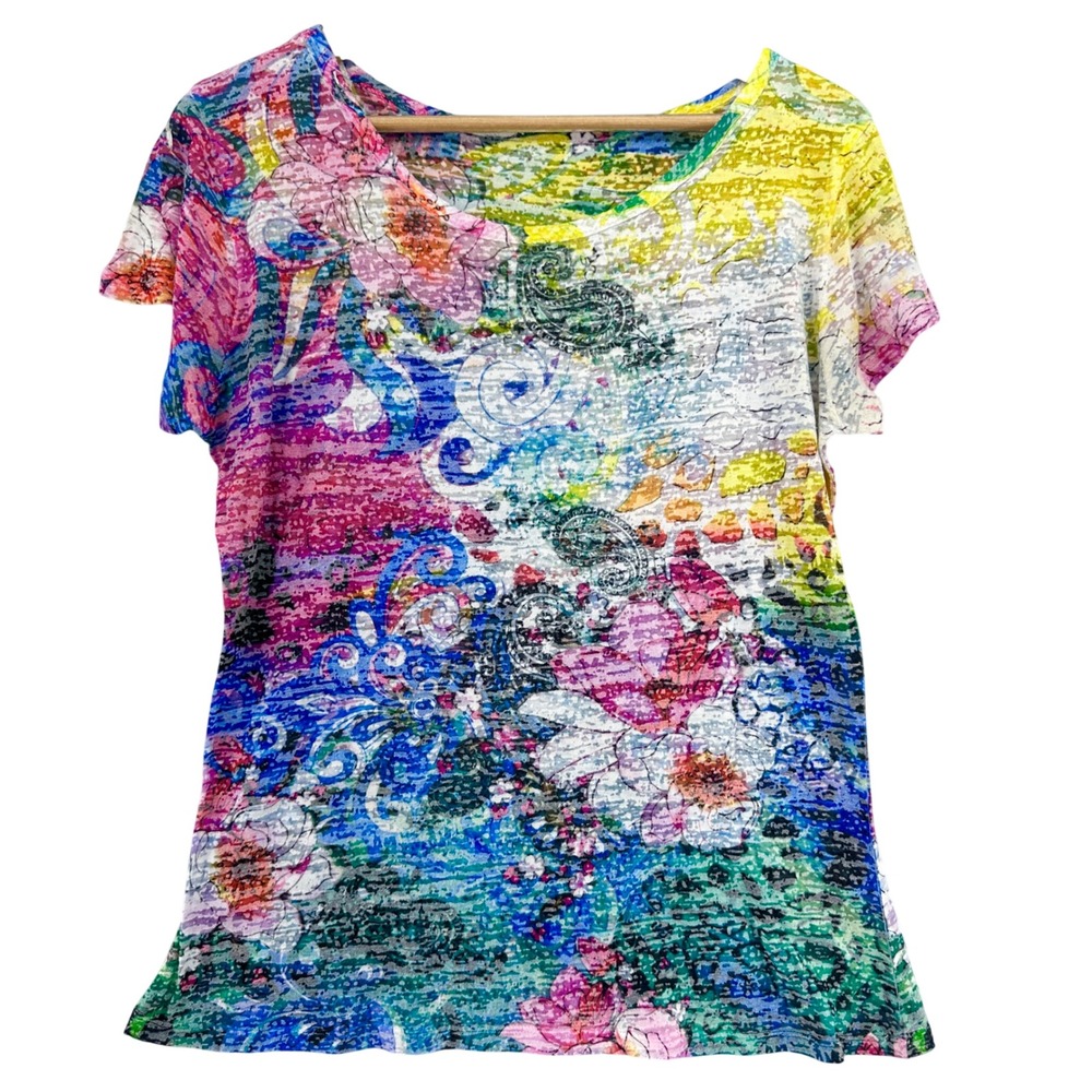 VTG Multi Color Floral Paisley Burnout Knit Short Sleeve Scoop Neck Shirt Y2K